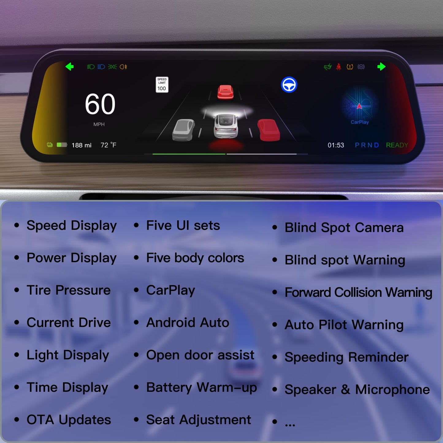 HotSunTesTec 9.6" Tesla Heads Up Display with Android Auto & OTA Updates